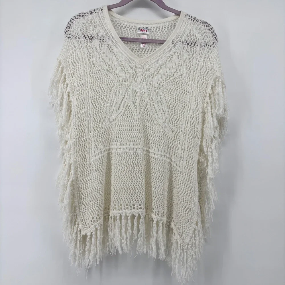 Justice Girls Ivory Crochet‎ Butterfly Fringe Poncho Top Shimmer Knit  Boho 8/10
